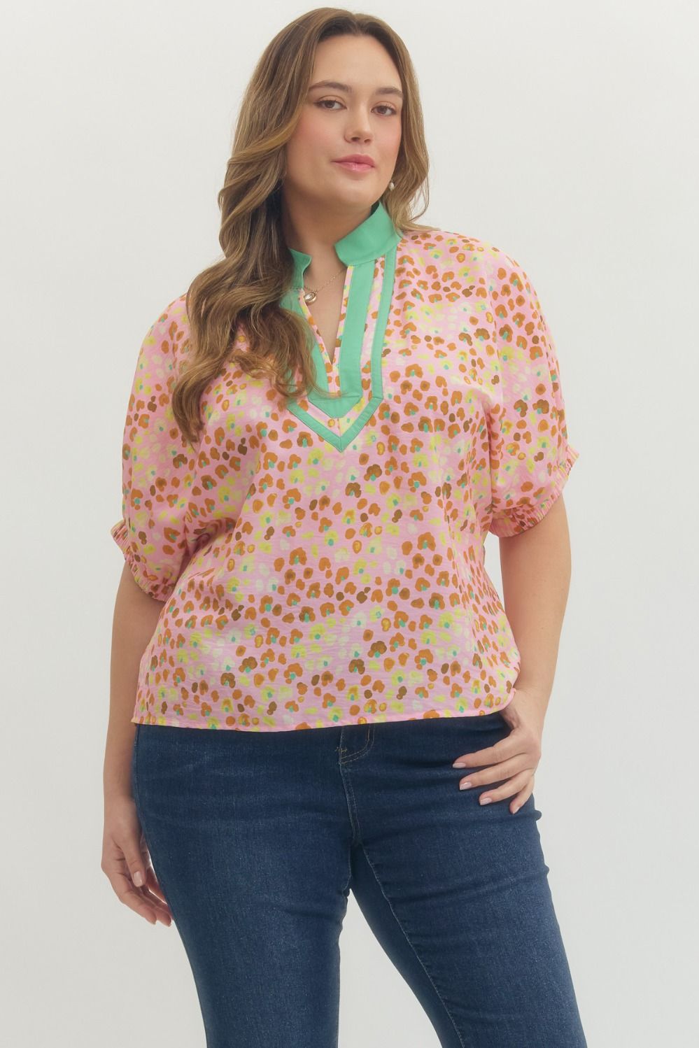 Sunset Sorbet Blouse by Entro, plus-size fashion top with vibrant sunset-inspired colors and flowy fabric for a stylish look.