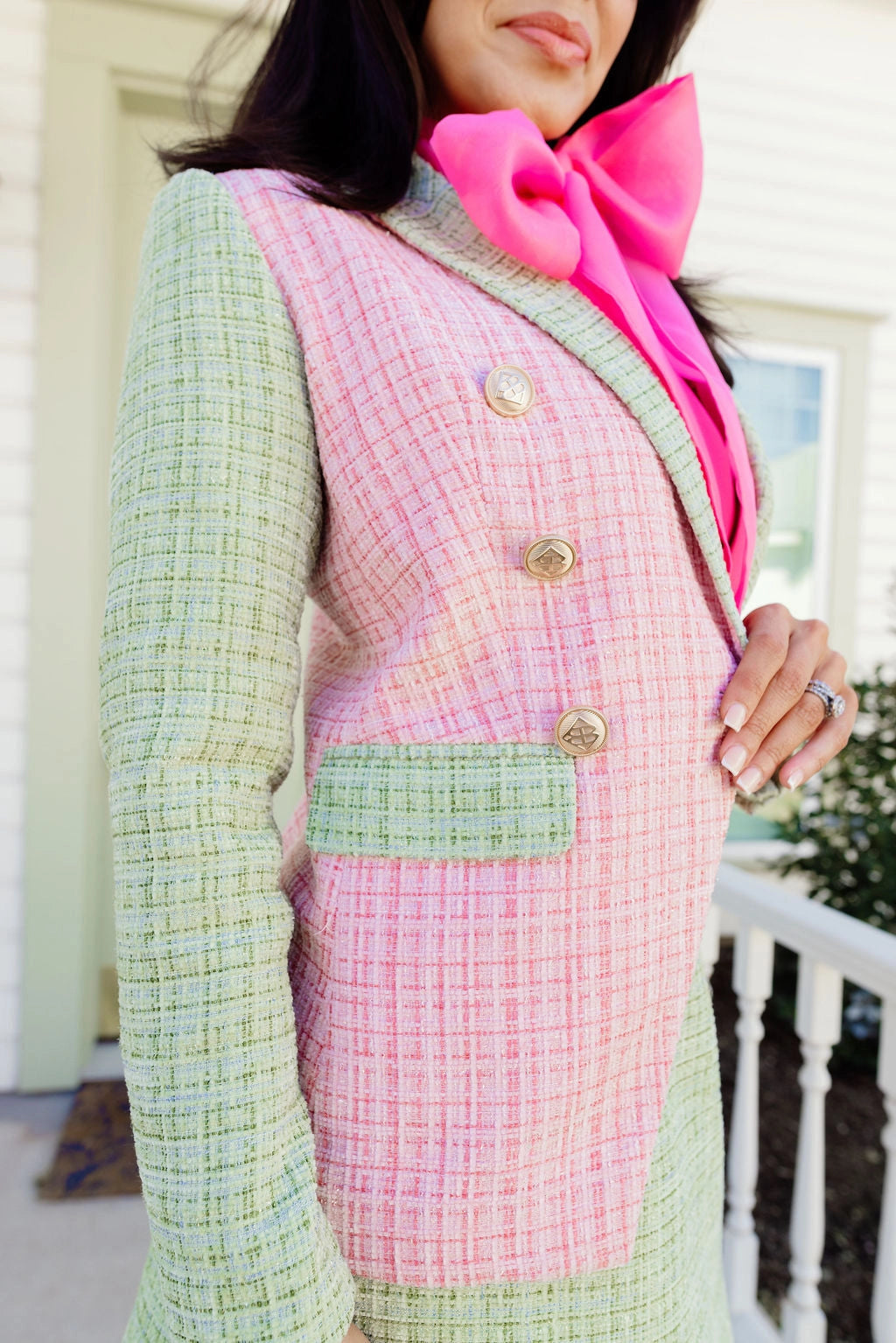 Pink and Green Colorblock Tweed Blazor - Torque Fashion
