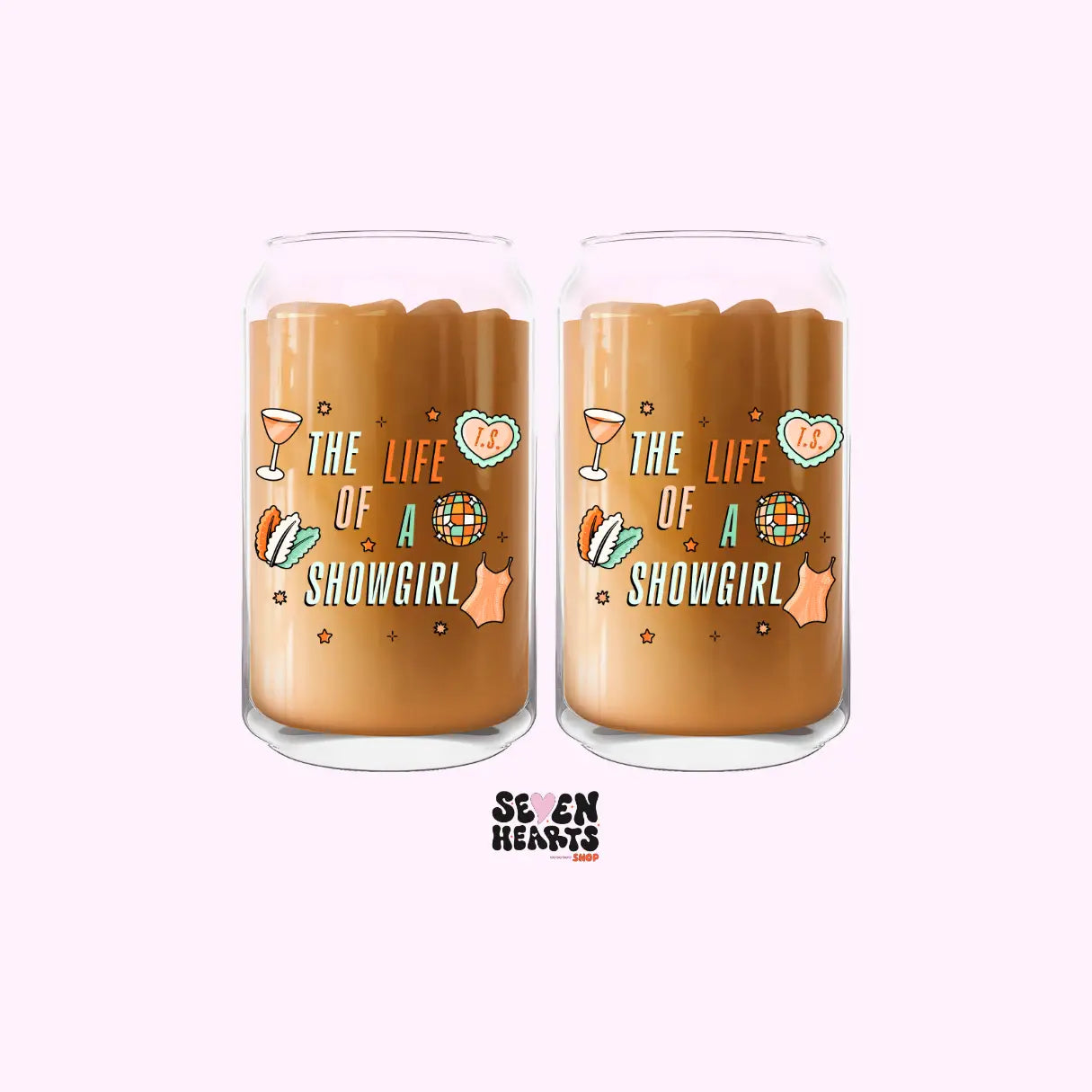 Showgirl Iced Coffee Cups by Seven Hearts Shop featuring colorful, stylish disposable cups with coffee-themed designs.