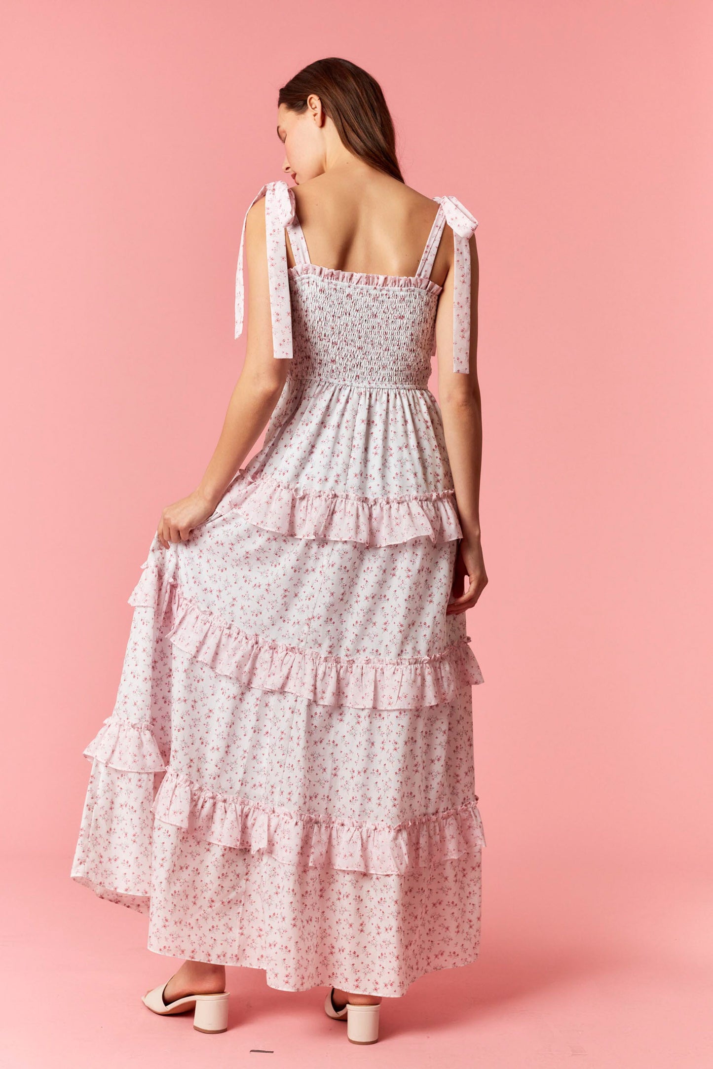 Pink Soft Bloom Maxi Dress by Peach Love California, flowing floral dress with ruffled straps and a relaxed fit.