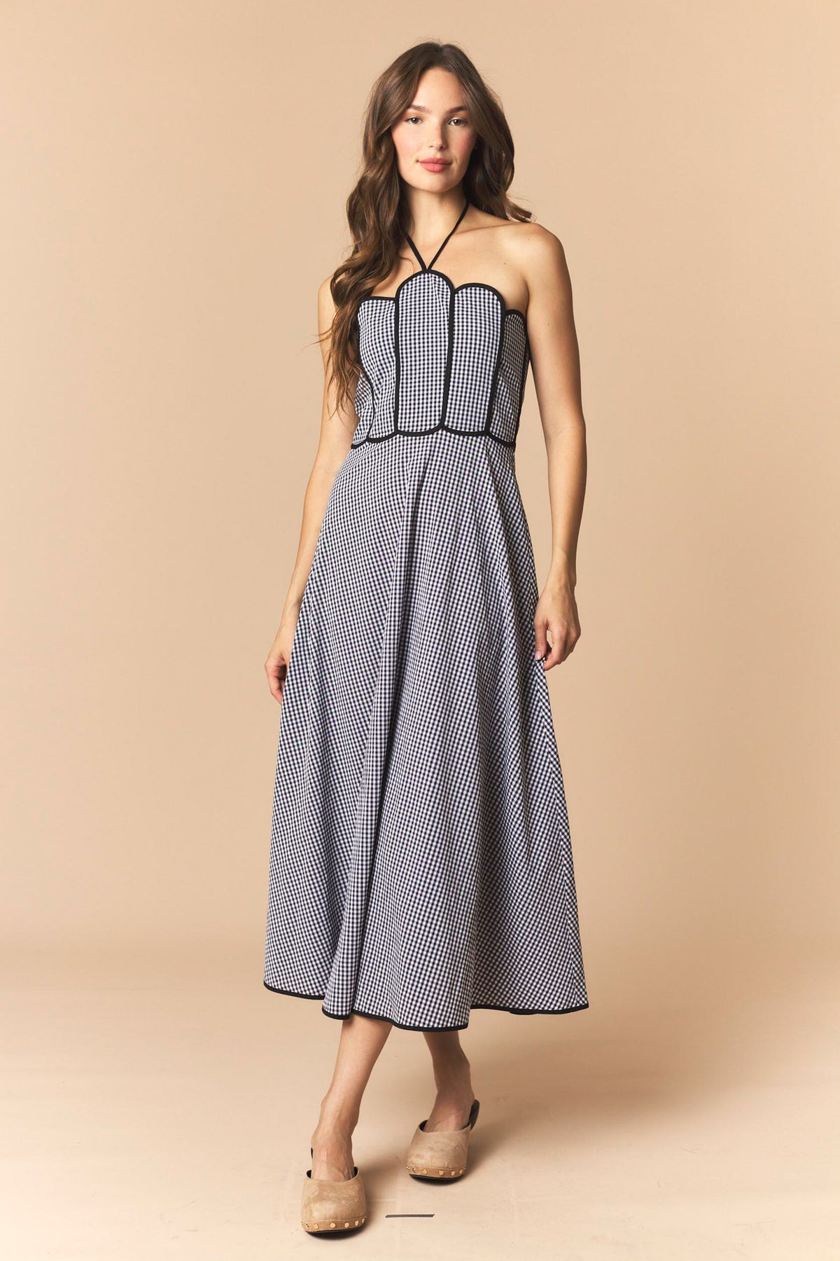 Black Gingham Grace Dress by Peach Love California featuring a classic pattern and flowing fabric, perfect for casual or semi-formal wear.